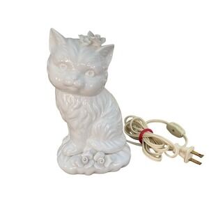 Vintage White Ceramic Kitten Cat Night Light Floral Porcelain Accent Lamp 7.5"